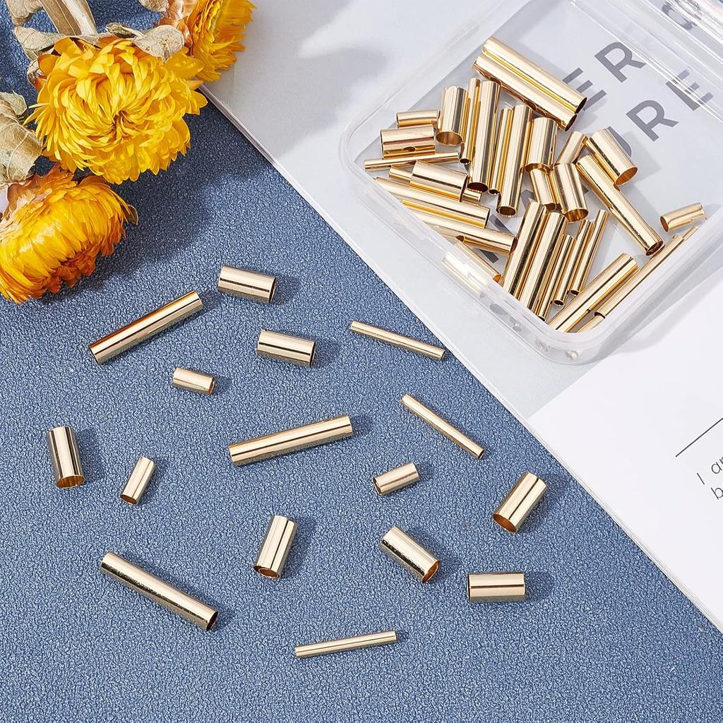 PH PandaHall 60pcs Brass Tube Beads 4 Sizes 9~24.5mm Long Tube Spacer Beads 24K Gold Plated Macrame Beads for DIY Sewing Craft Wall Hanging Plant