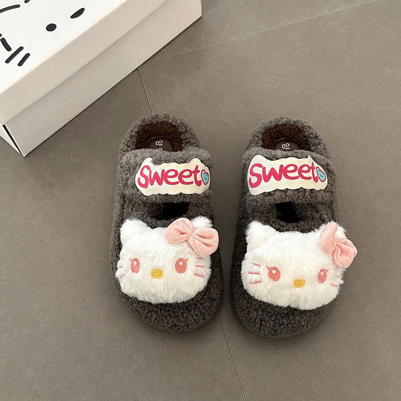 Versatile comfortable and warm girls fluffy shoes autumn and winter suede cute cartoon Hello Kitty casual thick-soled cotton slippers