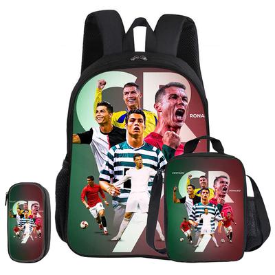 Ronaldo 3-teiliges Set Schulrucksack CR Fußballstar Kinder Rucksack Federmäppchen Tasche für Bücher Brottasche Fußball Sport Rucksack Kindergeschenk