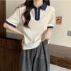 Women's Navy Blue Contrast Collar Half-Zip Polo Shirt Short Sleeve Slim Fit Casual Top
