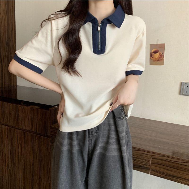 Women's Navy Blue Contrast Collar Half-Zip Polo Shirt Short Sleeve Slim Fit Casual Top