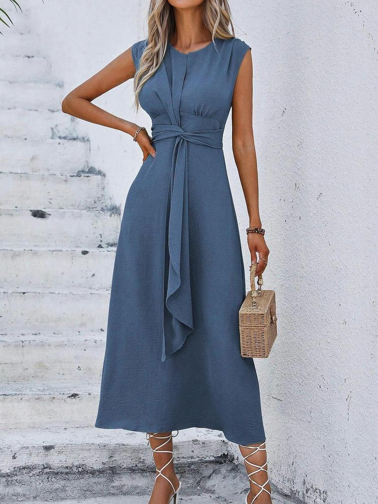 Women's Sleeveless Waist-Hugging Long Dress - Summer/Autumn, Elegant European & American Style, Slimming Fit