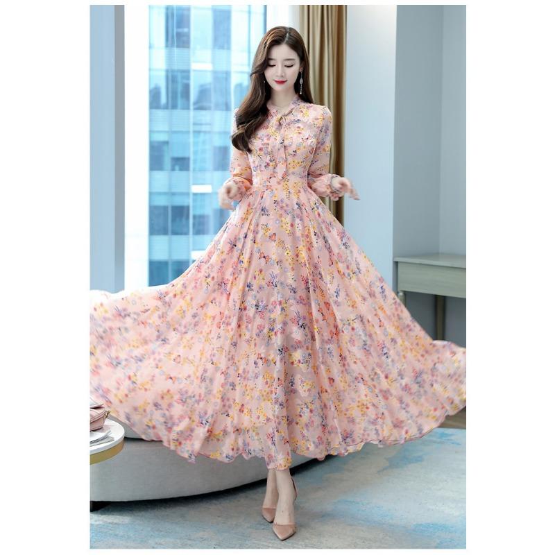 Women S High Waist V Neck Long Sleeve A Line Floral Dress