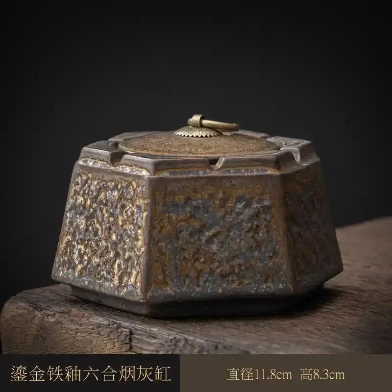 Ceramic Ashtray with Cover Home Office Creative Living Room Chinese Fly Ash Proof Ceramic Ashtray