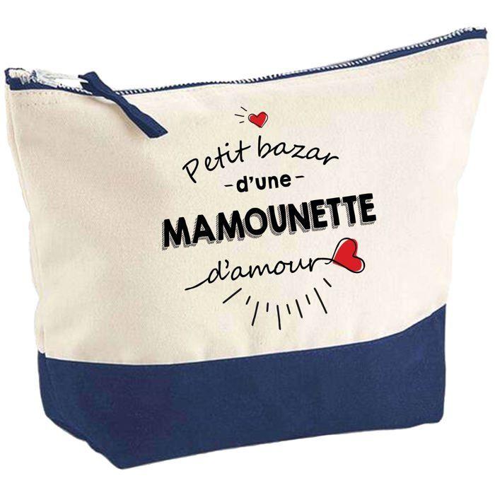 Trousse de maquillage - PLANETEE - Pochette fond bleu «Bazar d'une Mamounette d'Amour» - Grand format - Impression HD