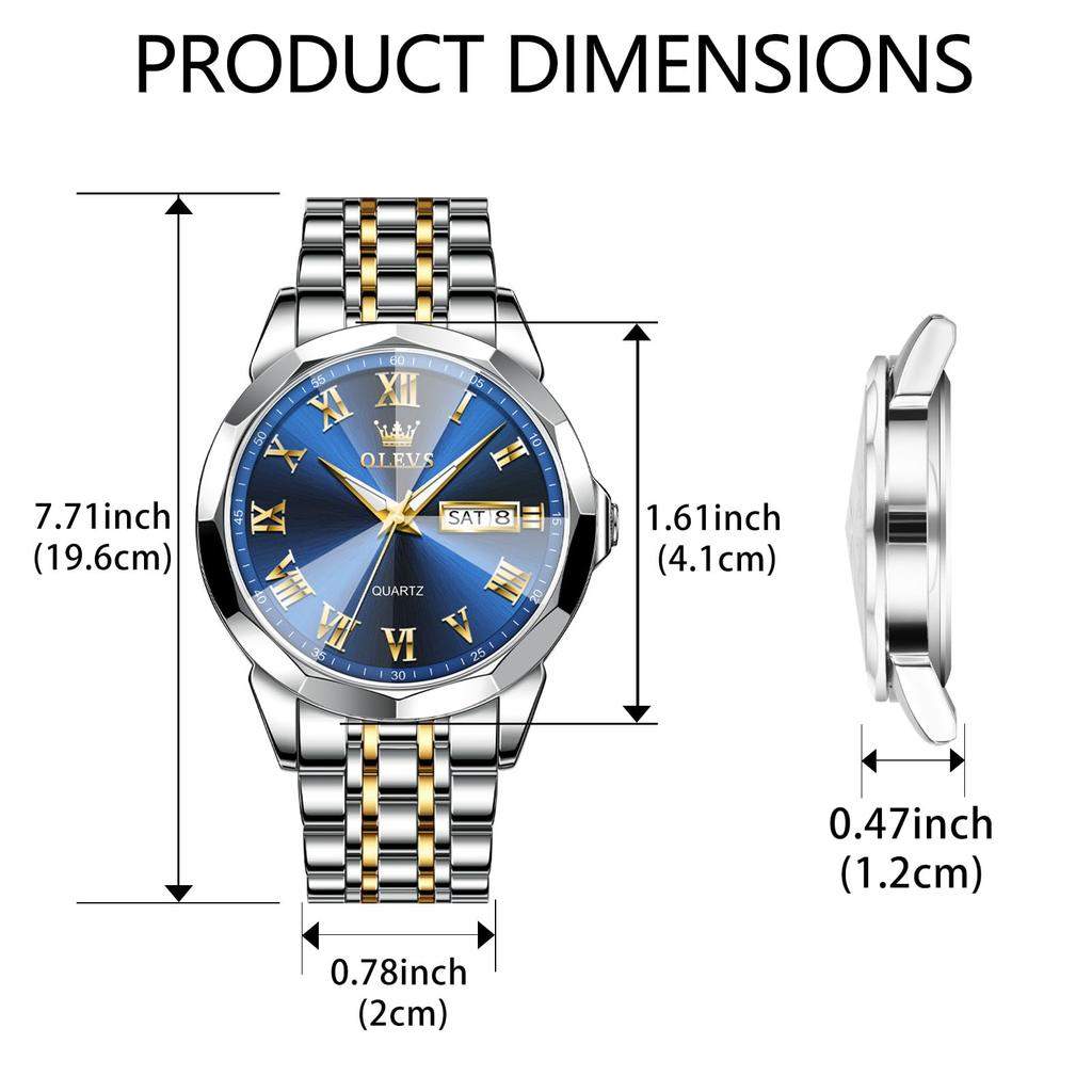 OLEVS Popular Waterproof Analog Quartz Watch with Blue Date Day of the Week Blue Stainless Steel Stylish Luminous Pressure Easy To Formal Wear Men's