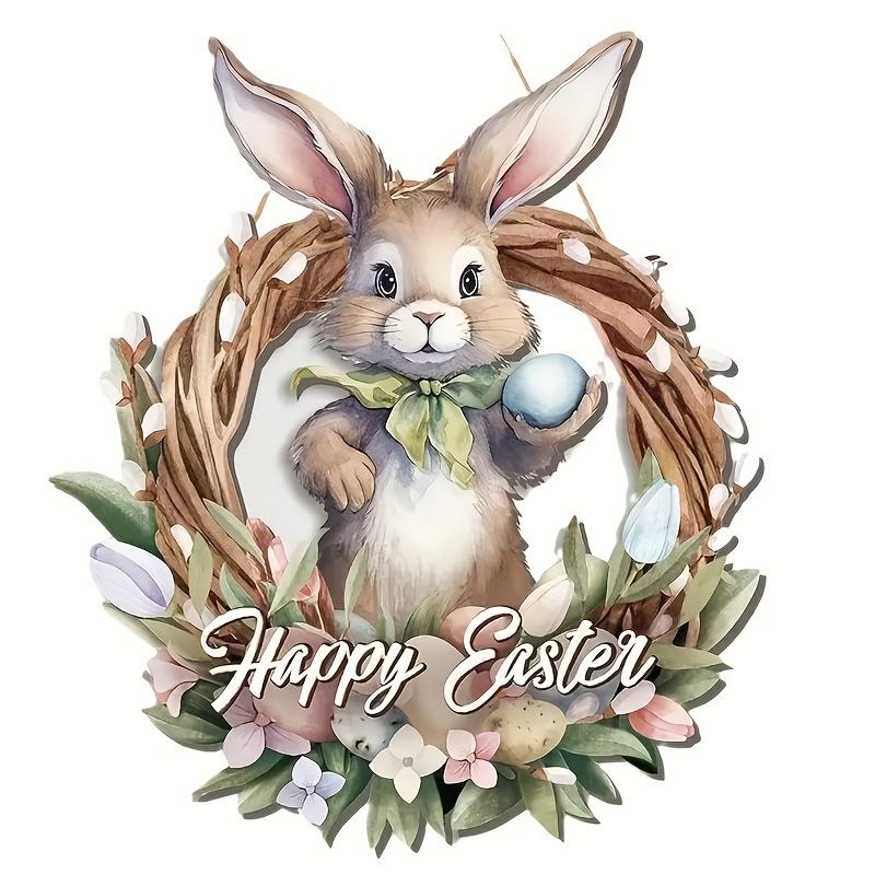 

2D Flat Wooden Easter Bunny Wreath Ornamen with Happy Easter Sign - Festive Home and Garden Decor with Bunny, Eggs and Floral Design, 20*18cm