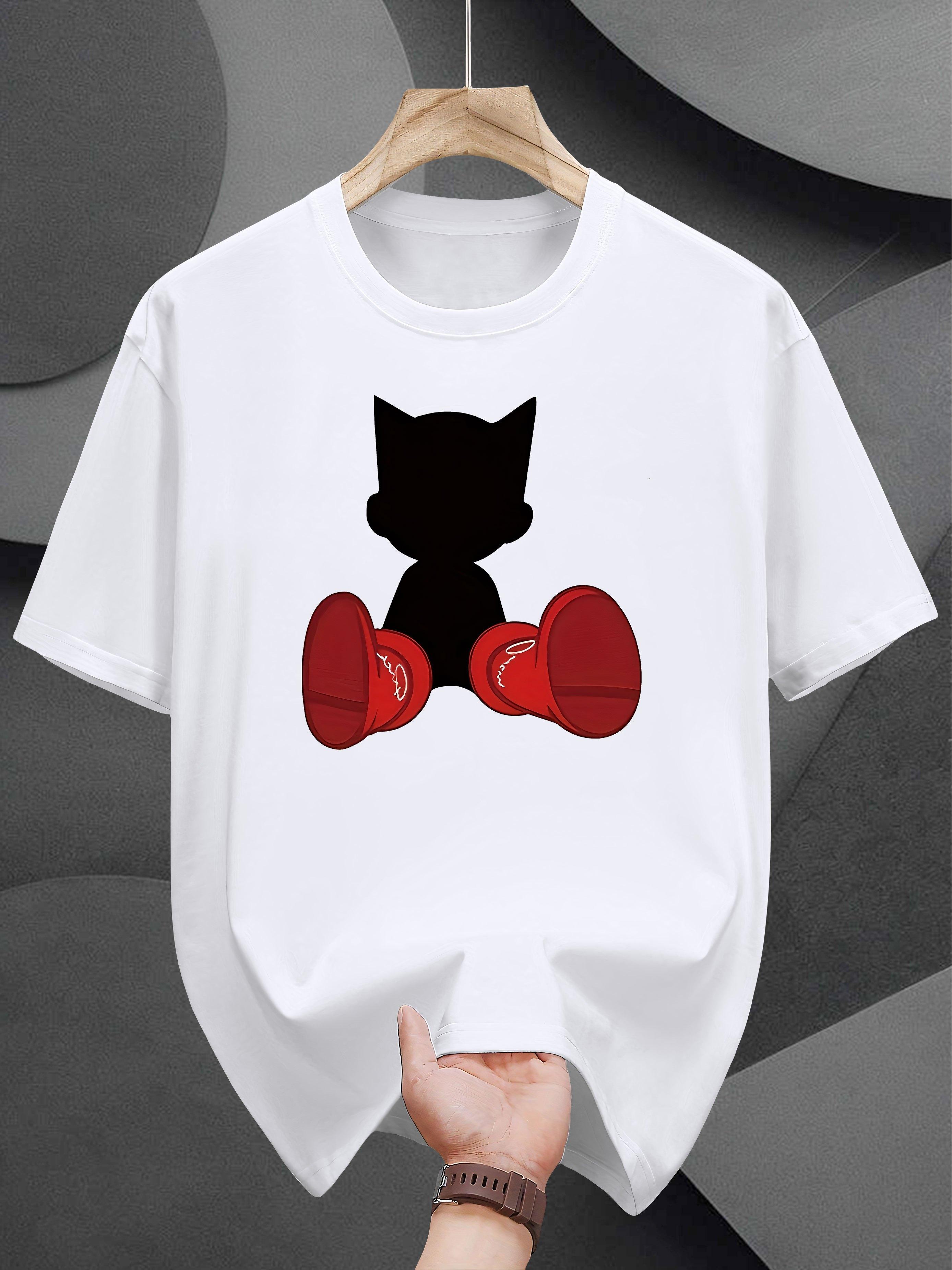 T-shirt with Playful Cat & Red Gloves Graphic Print - Casual Summer Round Neck Tee XXXXL