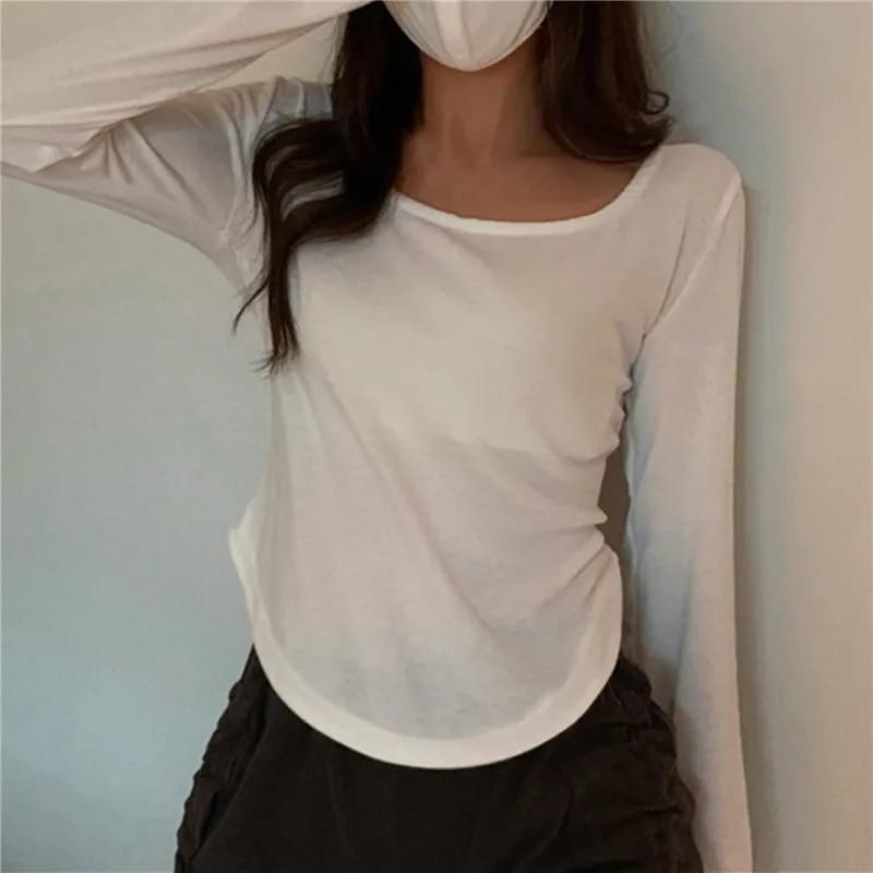 Nová nepravidelná elegantní trička s dlouhým rukávem ženy s čtvercovým límcem ležérní štíhlý top dámský elegantní vintage streetwear pevná trička