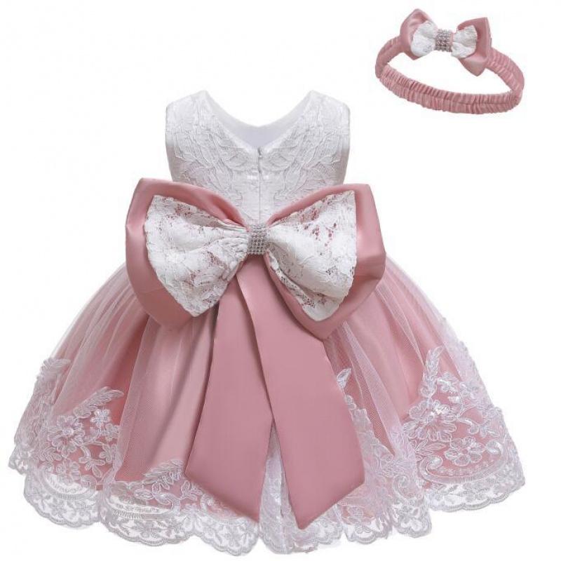 

Hot-Selling Baby 100-Day Birthday Dress with Bow, Hairband, Puffy Skirt, and Lace Dress 100cm темно-рожевого кольору