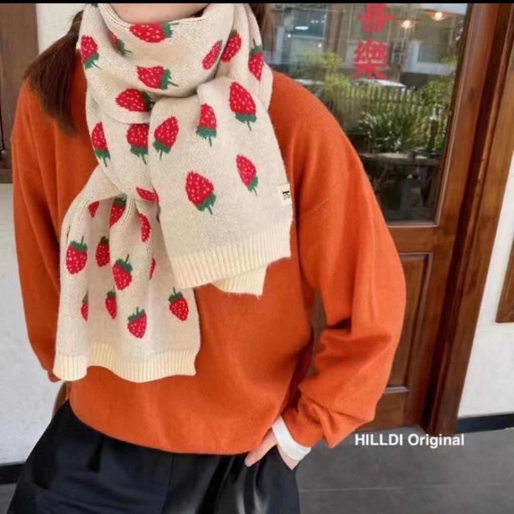 Women's Strawberry Pattern Knitted Cashmere Scarf Autumn Winter Korean Japanese Style Versatile Student Thickened Warm Neck Warmer