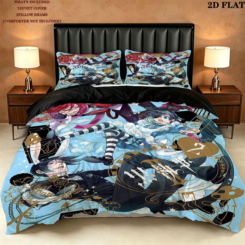 Black Butler Pattern Bedding Quilt Set Quilt Cover Pillowcase Home Birthday Gift(1 * duvet cover + 2 * pillowcase, without core)