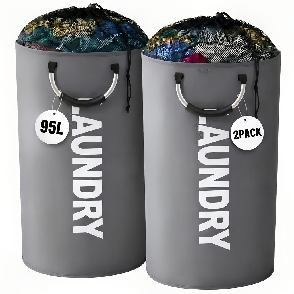 2-Pack Oxford Fabric Foldable Laundry Baskets, 25.1gal/30.38gal Clothes Storage Bins with Drawstring Closure and Ring Handles