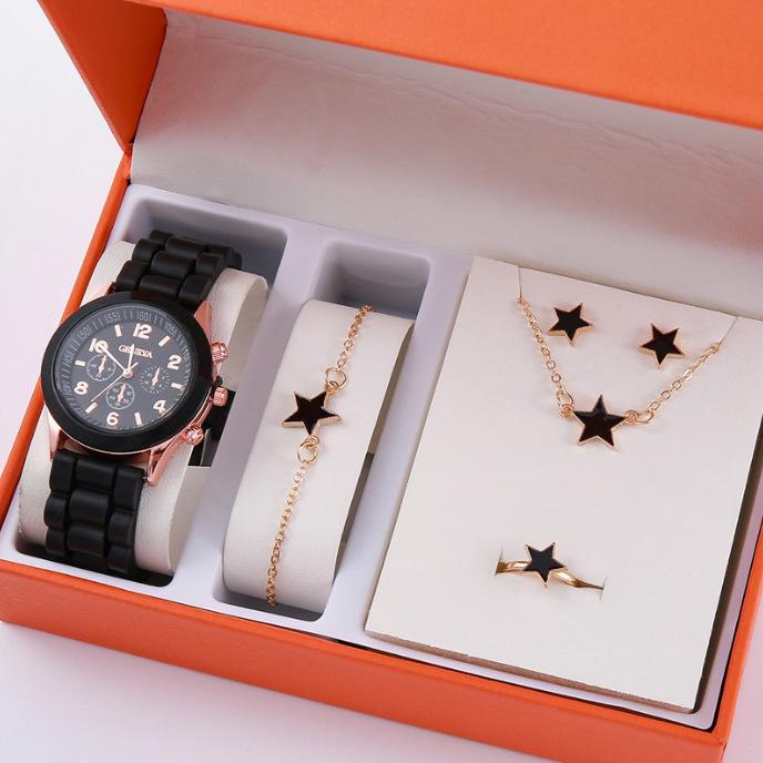 New Women'S Korean Version Of High-End Quartz Watch Simple Classic Silicone Strap Women'S Watch Fashion Set