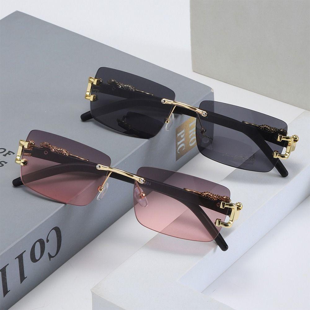 Leopard Decor Rectangular Sunglasses Metal Frame Cut-Edge Rimless Shades UV400 Protection Frameless Eyewear for Women & Men