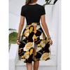 Women's Fashionable Retro Patterned Printing Color Blocked Belt Casual Dress