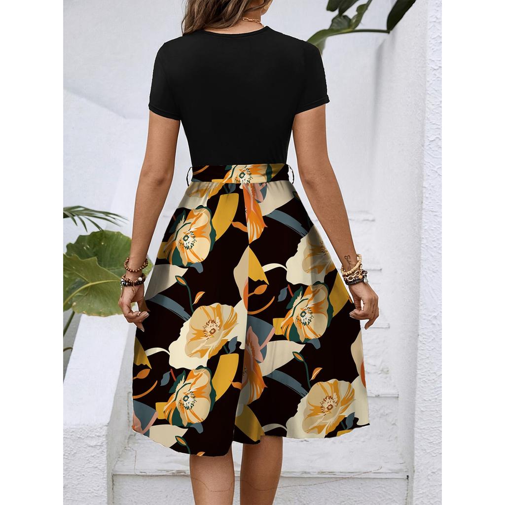 Women's Fashionable Retro Patterned Printing Color Blocked Belt Casual Dress