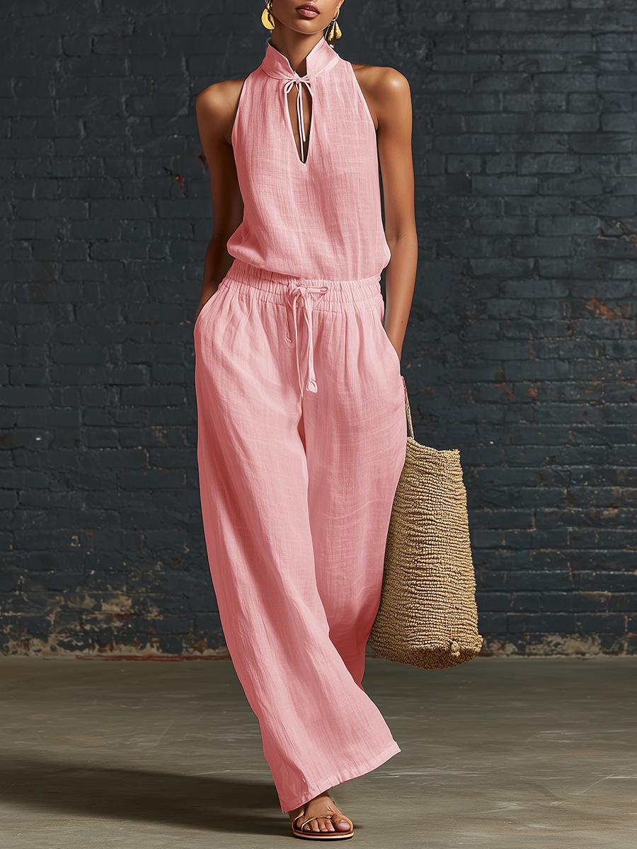 2026 Independent Station Spring/Summer urban style cotton and linen top and wide-leg pants set S розовый