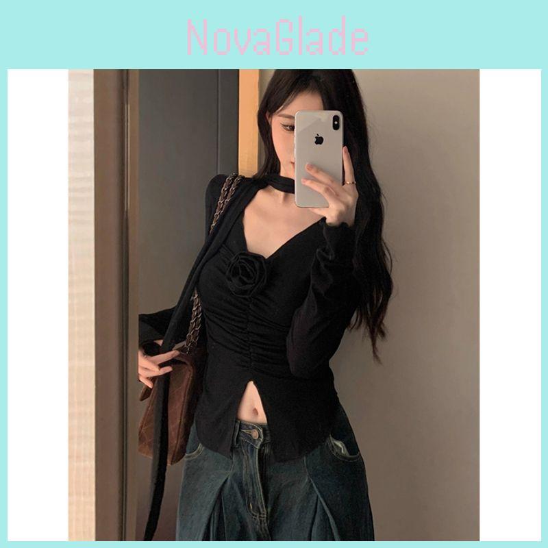 Long Sleeve Spliced Ruffle Flower V Neck T Shirt For Women Spring Slim Fit Top