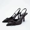 Fashion Crystal Women's Mules Sandals for Party Sexy Black New Pointed Bow Back Strap High-heeled Stiletto with Rhinestone Shoes Ladies