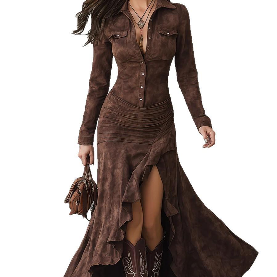 European and American Suede Slim Fit Zipper Stand Collar Slit Long Dress - Autumn/Winter 2025 Collection