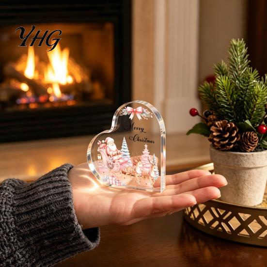 Transparent Heart Shaped Decor Acrylic Christmas Tabletop Sign, 2D Winter Snow Scene Desktop Ornament Romantic Gifts with Santa, Snowman & Xmas House,