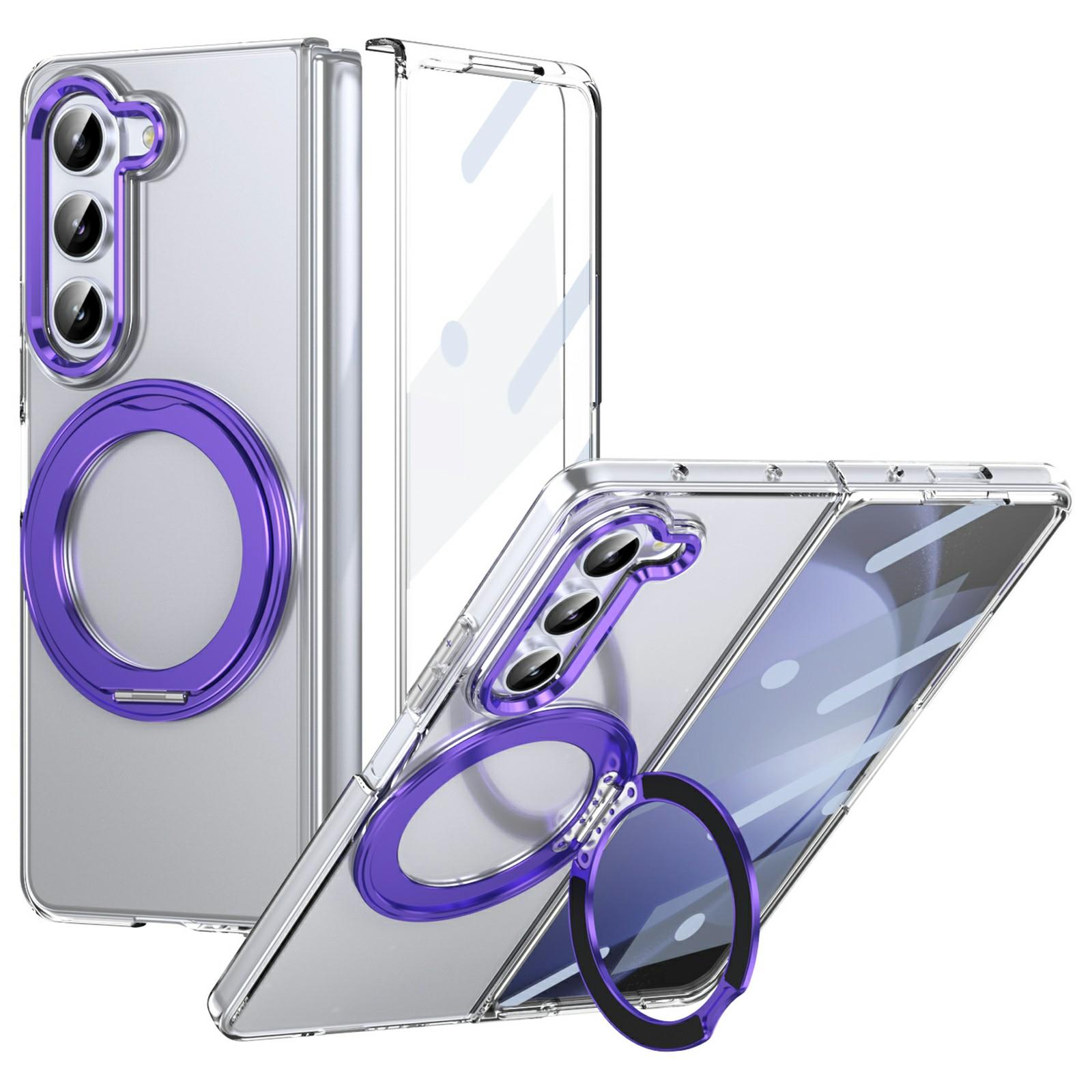 

For Samsung Galaxy Z Fold5 5G Case Magnetic Kickstand Clear PC Phone Cover with HD Screen Film Purple