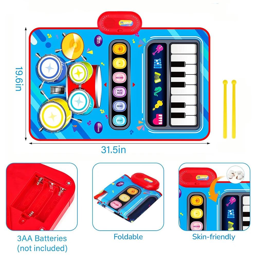 2 IN 1 Kids Drum Piano Mat Floor Keyboard Dance Mat Play Musical Carpet Music Instrument Toy for Toddlers Girls Boys Xmas Gifts