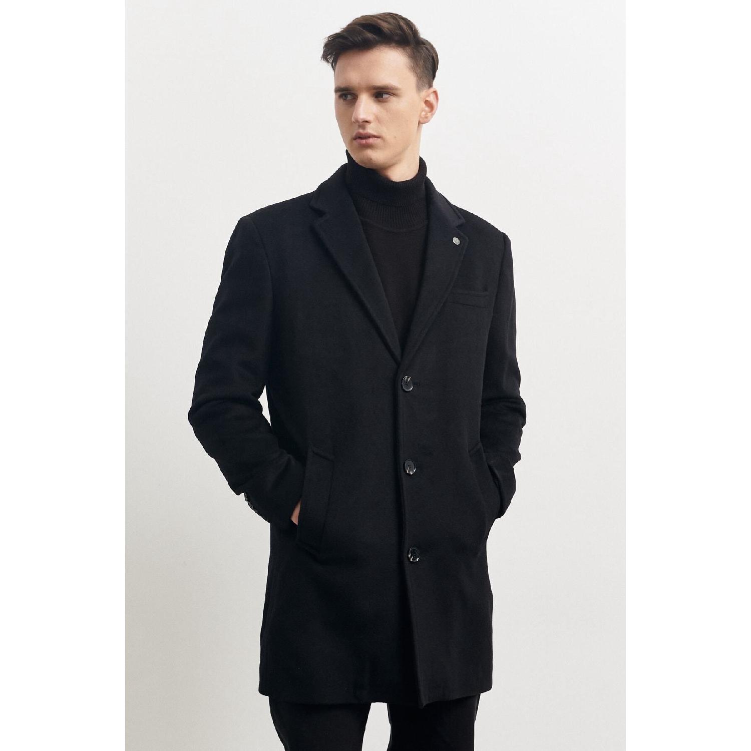 

Men s Black Standard Fit Regular Cut Mono Collar Wool Coat 62 чёрный