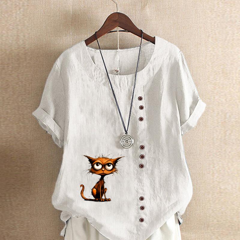 

Женская модная оранжевая футболка с коротким рукавом с принтом кота, свободная хлопковая рубашка, повседневная свободная летняя блузка, топы больших размеров 5XL белый