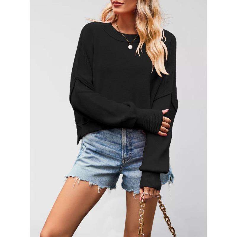 

Autumn and winter new women s fashion crew neck knitted sweater solid color loose pullover sweater S