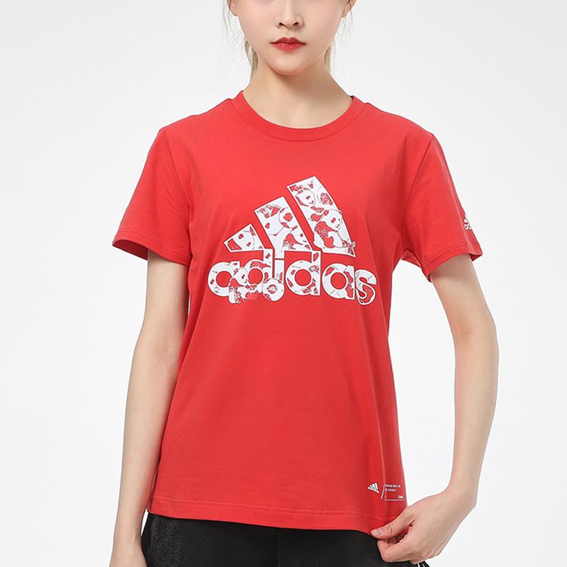 Adidas China Tee With Panda Print Logo Fashion Breathable Training Comfortable Casual Sports Loose Short Sleeve T-Shirt Women Tops Red H58192
