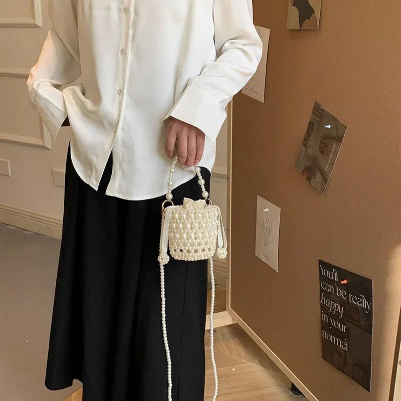 Pearl Crossbody Bag for Women Solid Rope Minaudiere Individuality Handbags
