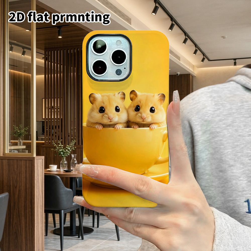 Phone Case: 2D Flat Design Suitable for iPhone 18 17 16 15 14 13 Pro Film Protective Case, Couple Style, Tea Cup with Two Hamsters, Christmas and Hall