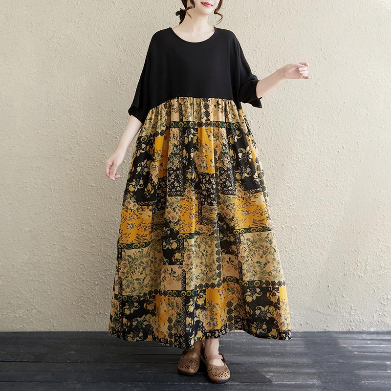 The real shot is the new 125kg fat MM to cover the meat and show thinness, and the color matching cotton and linen dress women's clothing.