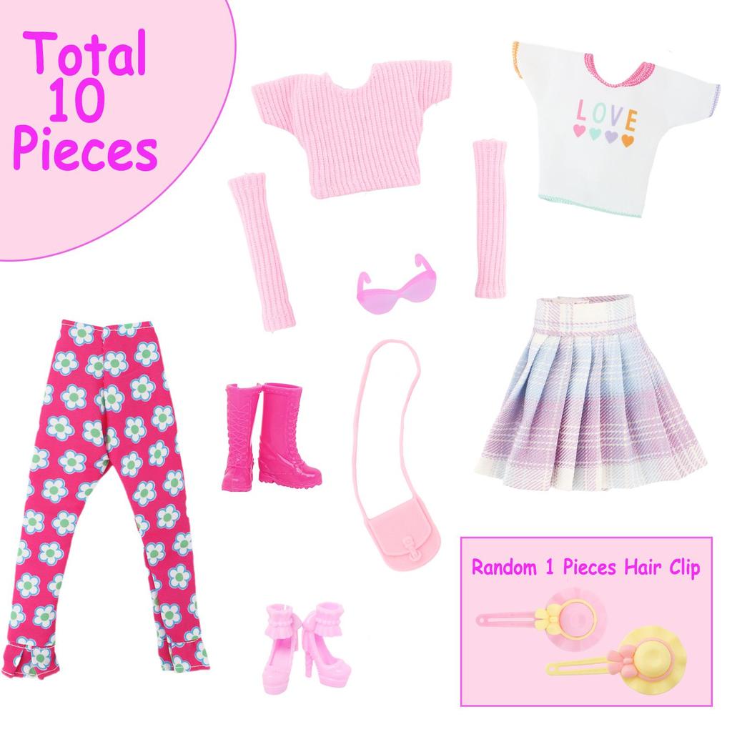 Pink Set 10 pcs 11.5'' Girl Doll Accessories 2 Tops Pants Shoes 1 Glasses Handbang Arm Sleeves Random Hairpin Kids Toy Gift