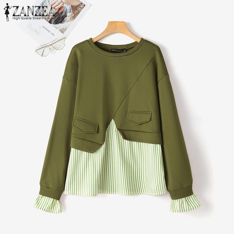 ZANZEA Women Stripe Print Splice Spring Autumn Long Sleeve Pullover Sweatshirt
