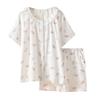 Pajamas Women's Summer Crepe Cotton Yarn Crew Neck Lace Cardigan Homewear Short Sleeve Shorts Loose Large Size Homewear