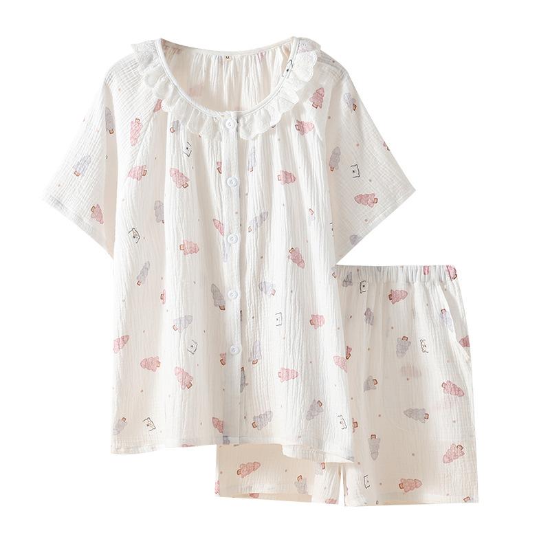 Pajamas Women's Summer Crepe Cotton Yarn Crew Neck Lace Cardigan Homewear Short Sleeve Shorts Loose Large Size Homewear