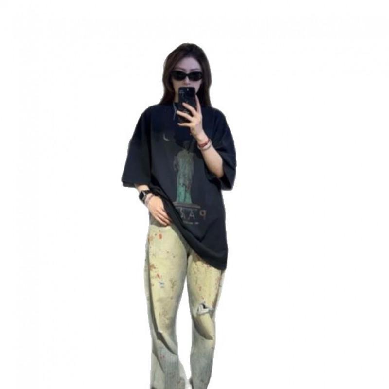 Mens Distressed Ripped Denim Jeans With Bloodstain Print Loose Fit Straight Leg Mid-Waist Stretch Cotton Streetwear Casual