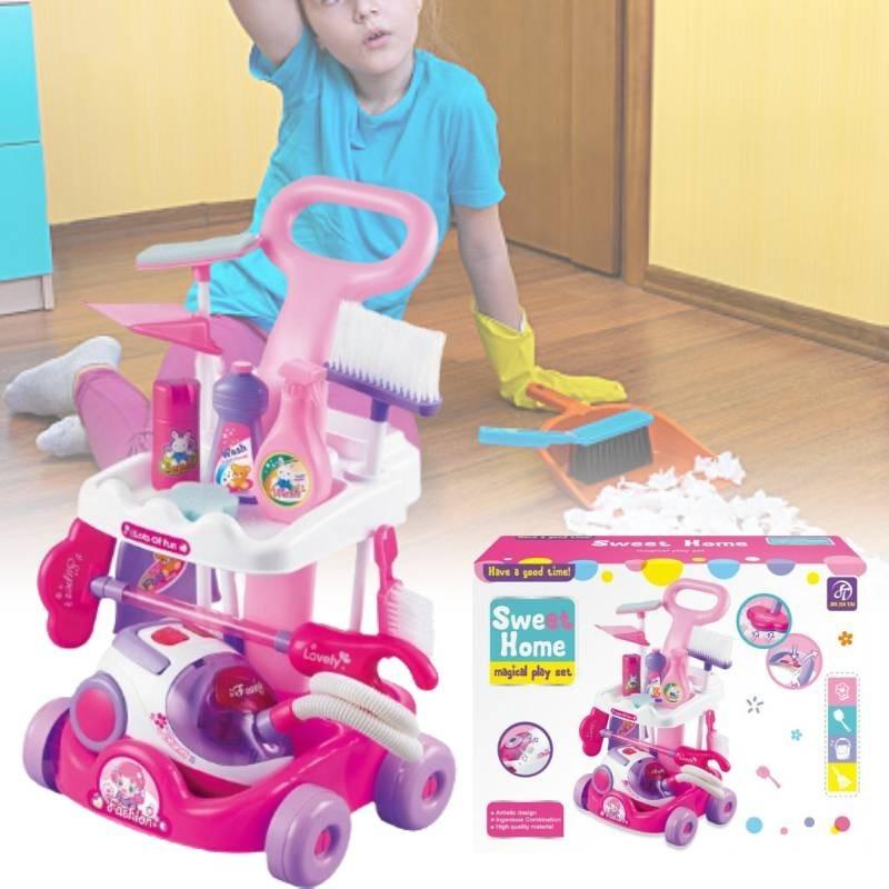 Interactive Kids Play Vacuum Set Plastic Cleaning Tool Cart With Ice Cream Cash Register