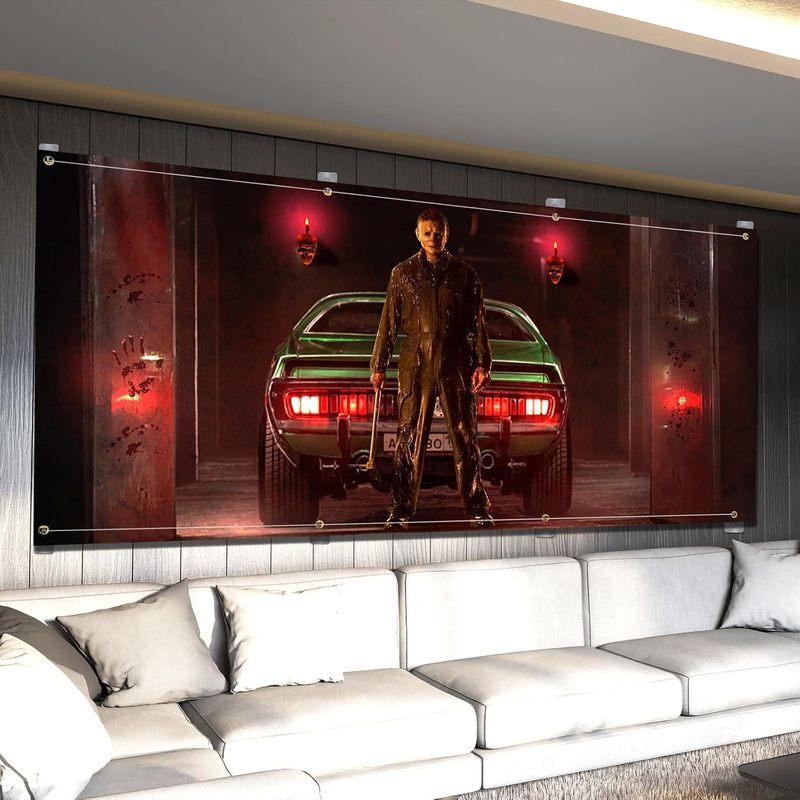 1pc,2Dflat, Halloween garage door banner, classic horror movie killer character background photo party, Halloween decoration, ws