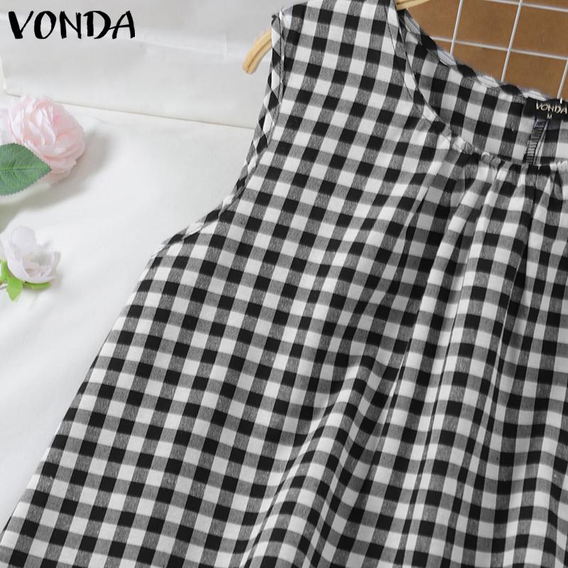 VONDA Summer Women Sleeveless Plaid Print Irregular Tank Tops T-shirts