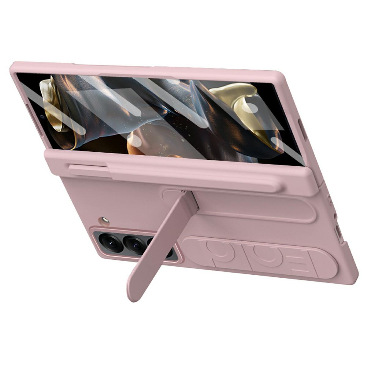 

For Samsung Galaxy Z Fold 6 Slim Case Kickstand Wristband PC Phone Cover with Tempered Glass Film Pink