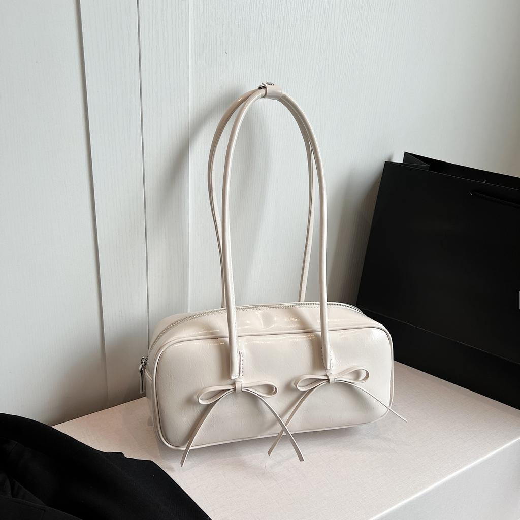 Geantă de umăr pentru femei, geantă Boston cu fundă, textură în stil pădure, geantă de nișă și la modă pentru subraț