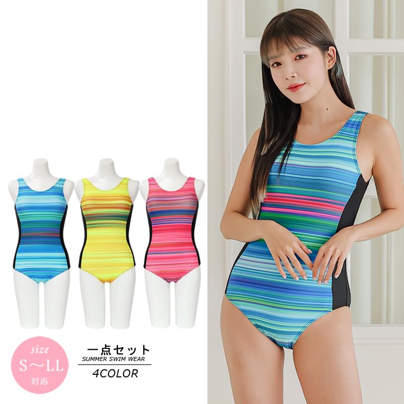 Swimsuit Striped Competitive Available in 3 Sizes S to LL [KOUKOUCOCO] Women's One-Piece Swimsuit, Swimsuit, Colors, (JP, Alphabet, LL, Blue)