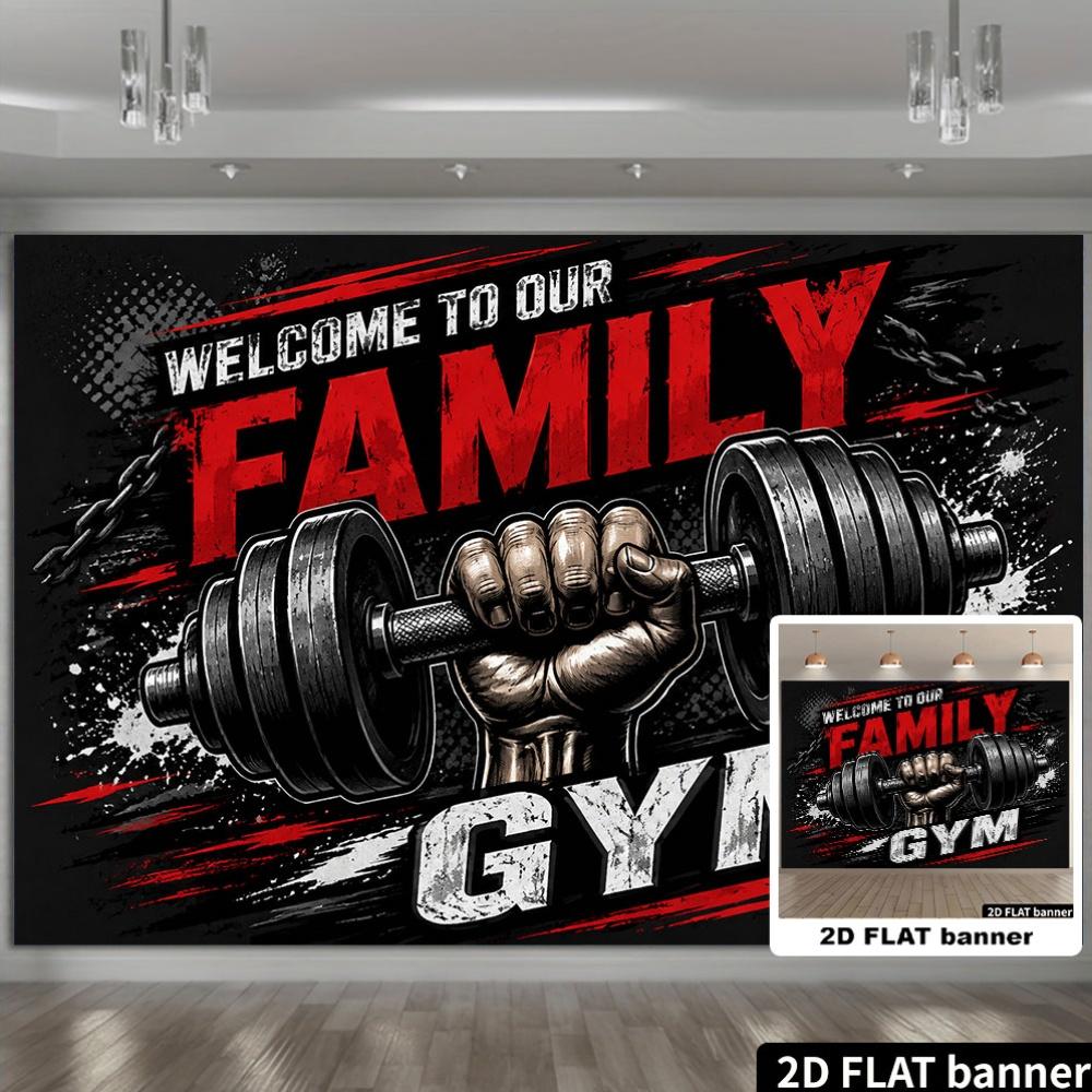 Welcome to Our Family Gym Backdrop Banner, Dumbbell Hand Design, Durable Polyester Wall Decor for Indoor Outdoor Party Holiday Home Decoration