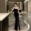New Elegant and Sexy Velvet One-shoulder Evening Gown with Padded Cups Rhinestone Decoration High Slit Cut Out Mermaid Style Formal Party Long Dress