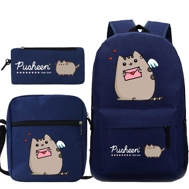Pusheen fette Katze niedlicher Cartoon bedruckter Schulranzen grenzüberschreitende Studenten tragbare Umhängetasche Federmäppchen dreiteiliges Set