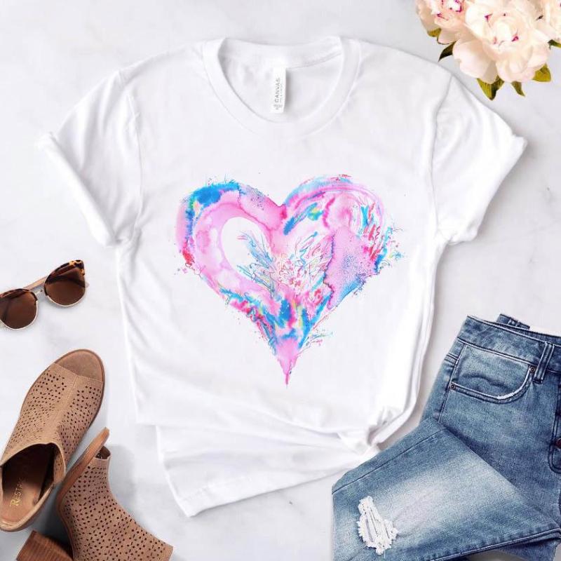 Heart Flower Print T-Shirt Ladies Casual Basis O-collar White Shirt Short Sleeve Ladies T-Shirt Love Graphic Printing